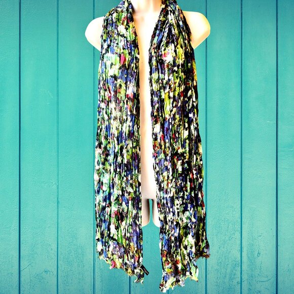 Ann Taylor Oblong Scarf Multi-Color Raw Fringe Rayon + Wool Watercolor 72" - Picture 3 of 15